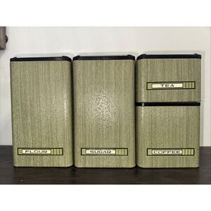 VTG Kromex MCM  Canister Set. Flour, Sugar, Tea &‎ Coffee. Faux Wood & Aluminum.